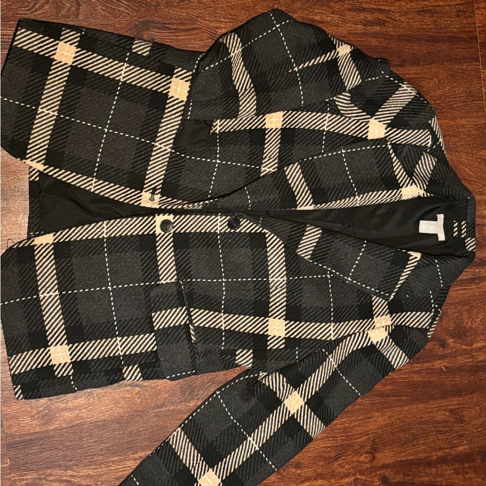 H&M Black and Tan Checkered Wool Coat